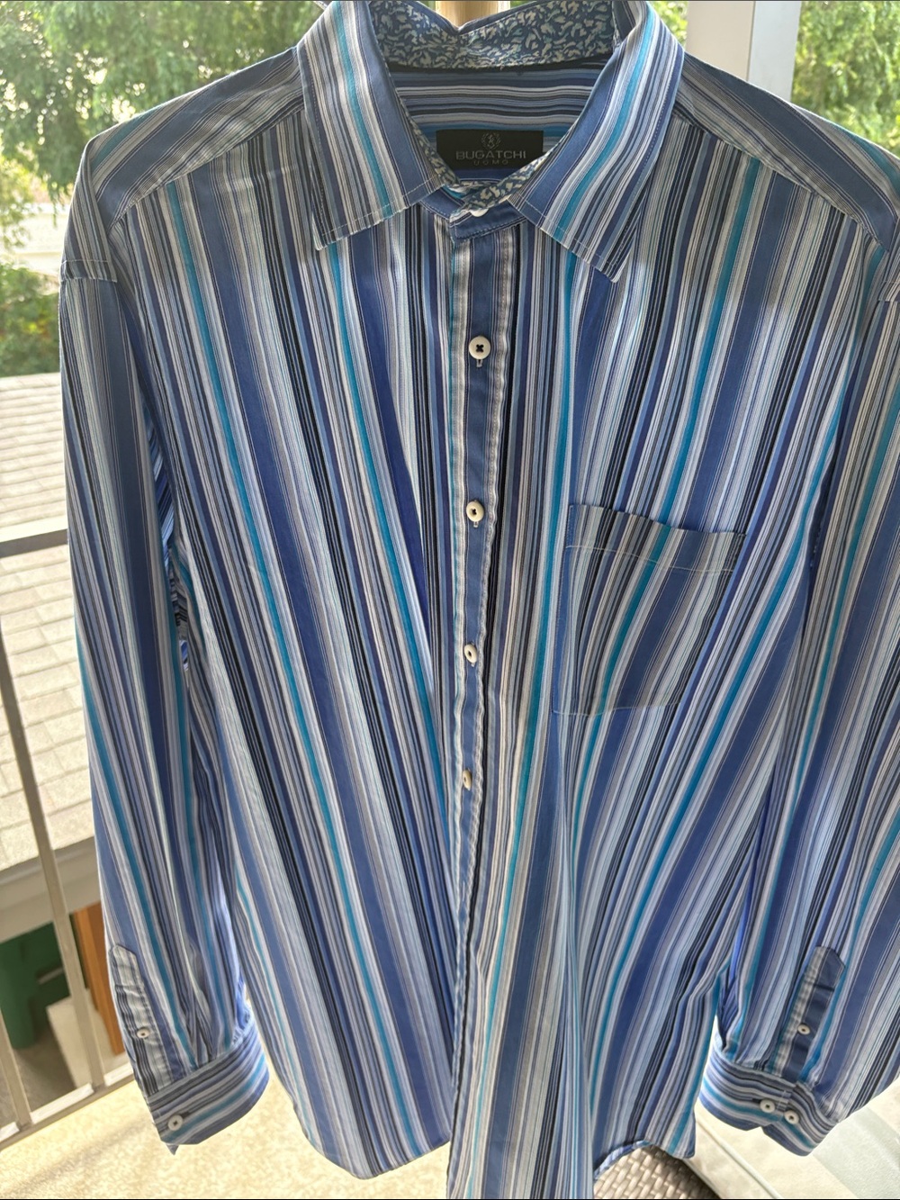 Bugatchi Men's Blue and Teal Multi-Stripe Dress Shirt
